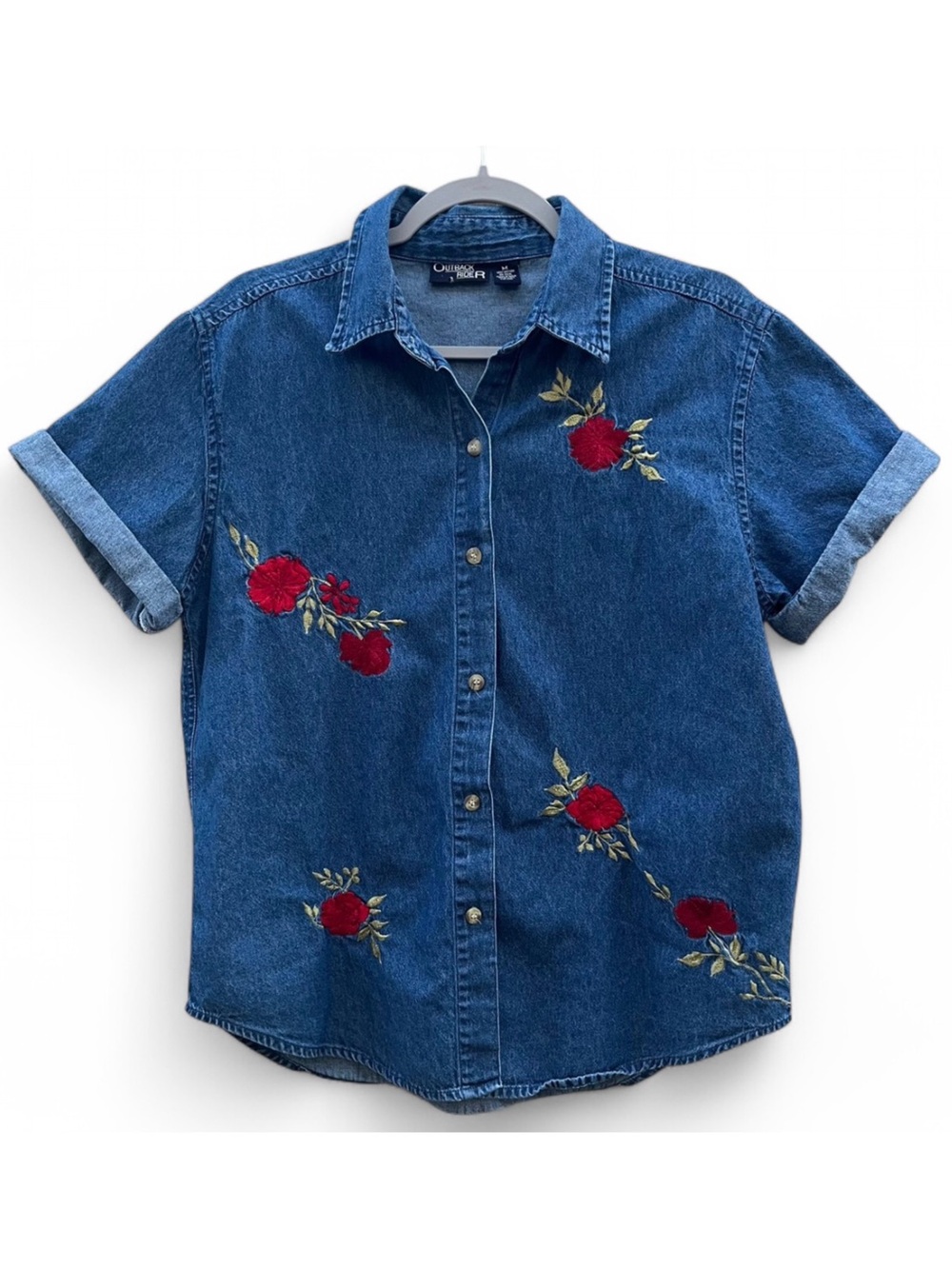 Outback Rider Women’s Denim Embroidered Button Up Short Sleeve Medium Floral Vtg